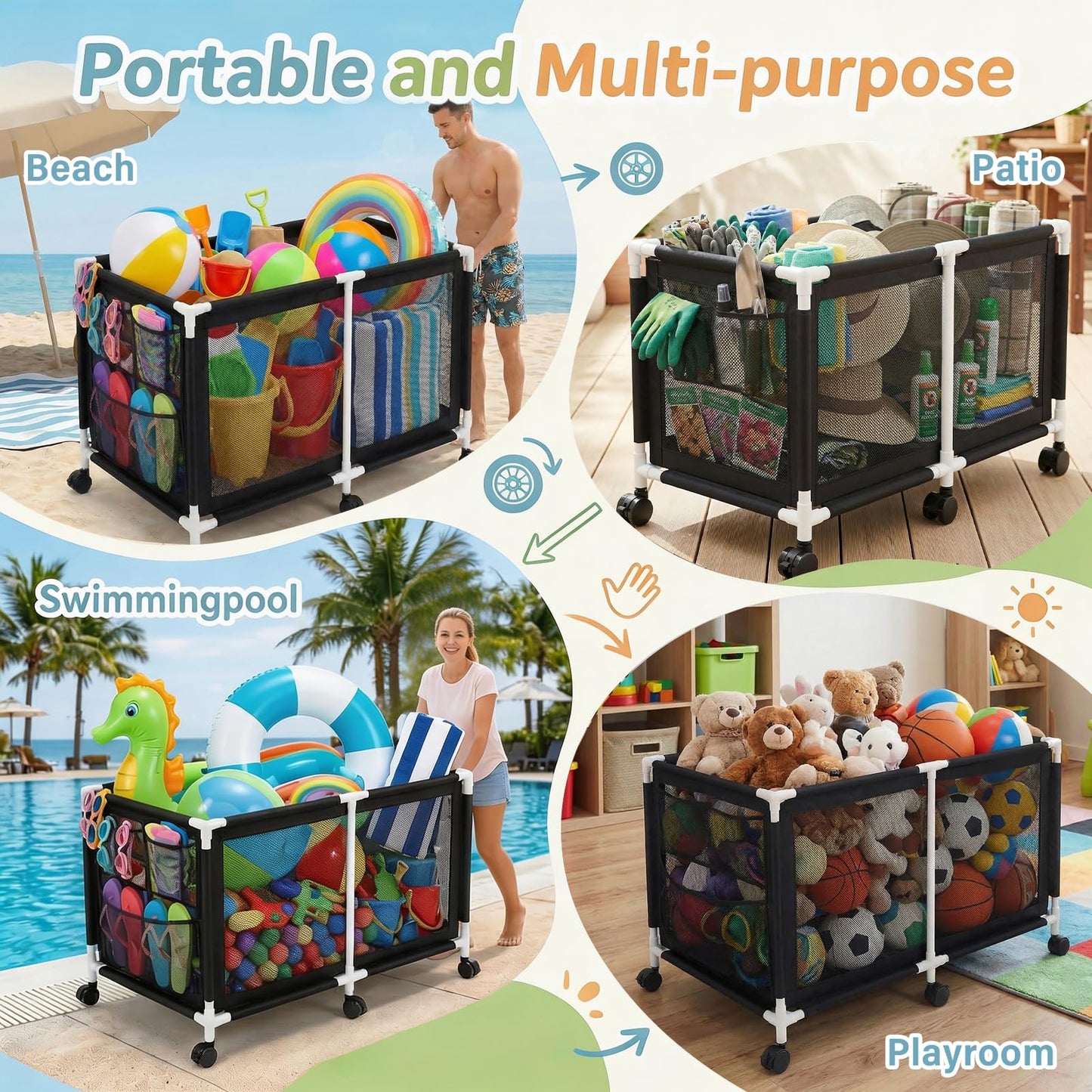 280 Gallon 69" Pool Storage Bin XXL Extra Large Swimming Pool Float Storage Bin, Pool Noodles Holder, Toys, Floats, Balls and Floats Equipment Mesh Rolling Bin for Garden Lawn, 69" Lx32 Wx35 H (Black)