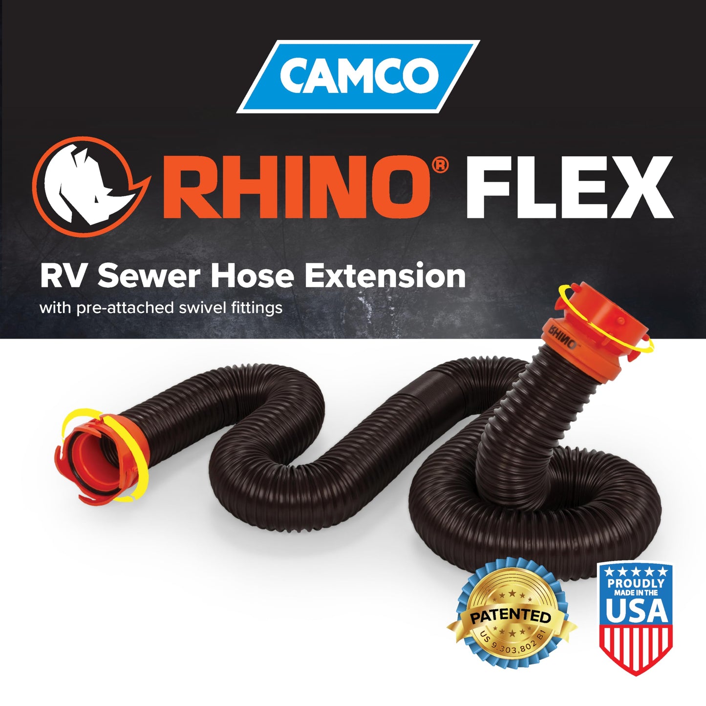 Camco RhinoFLEX 10’ Camper/RV Sewer Hose Extension - Features Collapsible Design for RV Storage - Includes Pre-Attached Lug & Bayonet Fitting -Heavy Duty Polyolefin & Reinforced w/Steel Wire (39774)