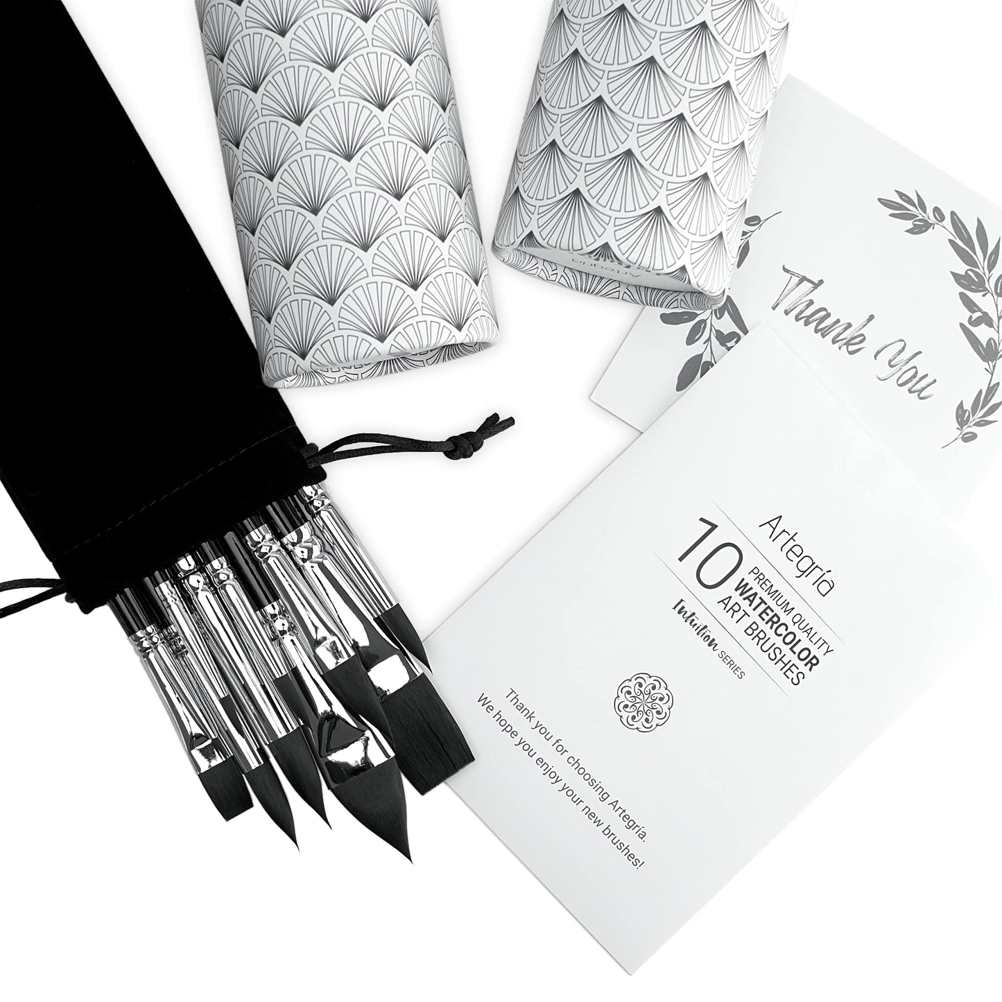 ARTEGRIA Watercolor Brush Set, 10 Professional Soft Synthetic Squirrel Paint Brushes, Including Pointed Rounds, Flats, Dagger, Oval Wash