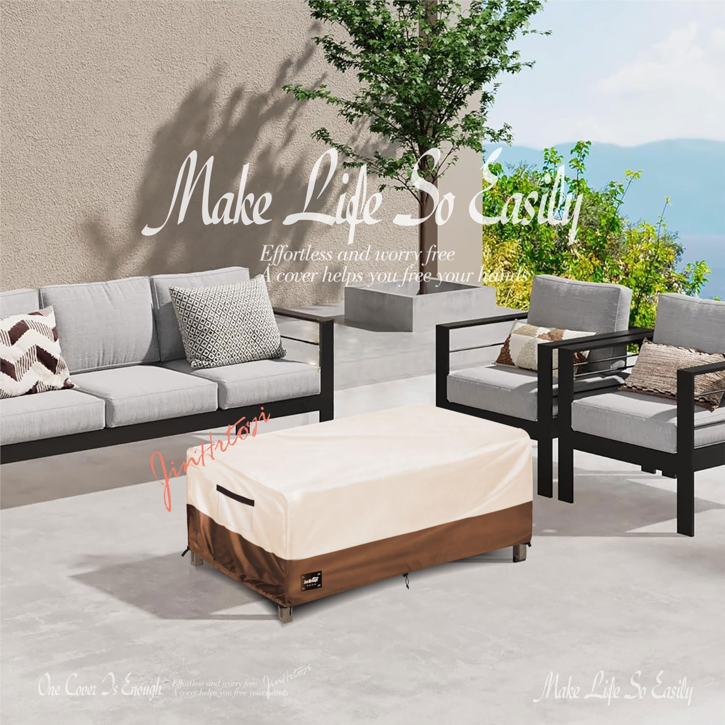 JinHrtoyi Patio Coffee Table Cover,36Wx24Dx16H Inches 100% Waterproof Heavy Duty Outdoor Rectangular Side Table Cover,Beige&Brown Modern Style Outdoor Furniture Covers