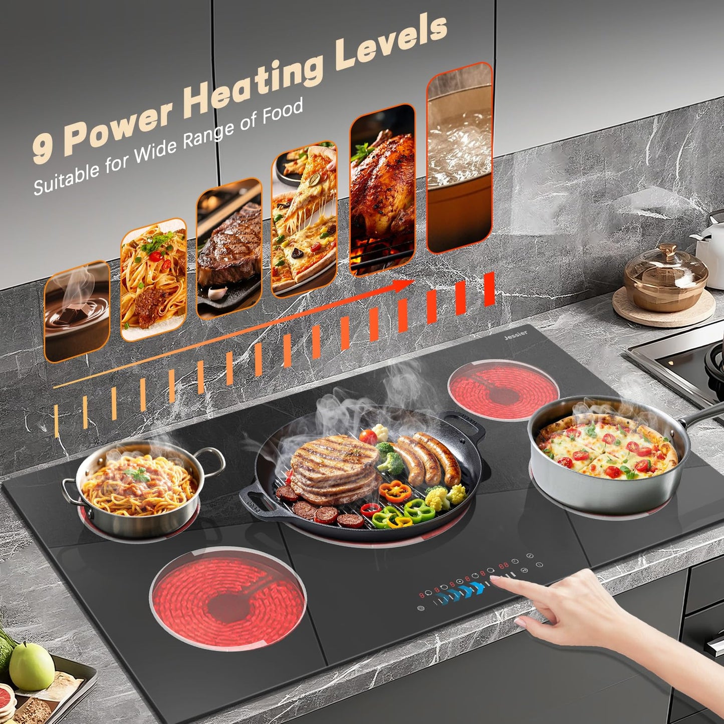 Jessier Electric Cooktop 36 Inch - 9200W High Power 5 Burners Electric Stovetop, Built-in 36 Inches Ceramic Burner Knob and Touch, Timer, Safety Lock, Expandable Ring, 220-240V Hard Wired (No Plug)