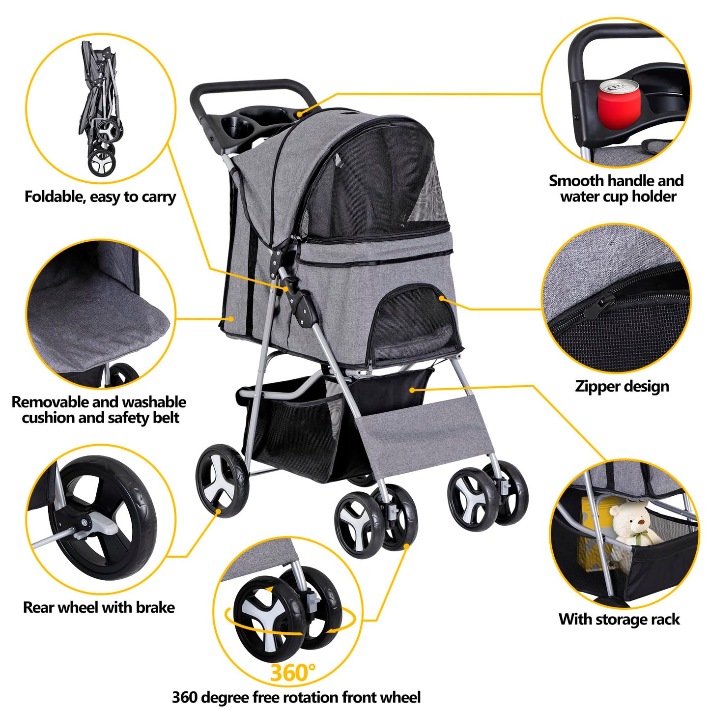 LEMY Pet Stroller, 4 Wheels Dog Cat Stroller with Storage Basket&Cup Holder,Grey Folding Dog Cat Cage Jogger Strollers for Small Medium Dogs Cats Travel