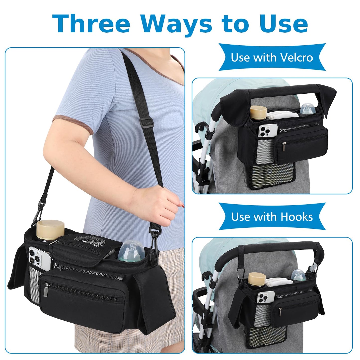 Accmor Universal Stroller Organizer with Insulated Cup Holder Detachable Phone Bag and Shoulder Strap,Stroller Bag Caddy Organizer Fits for Uppababy, Baby Jogger, Britax Strollers