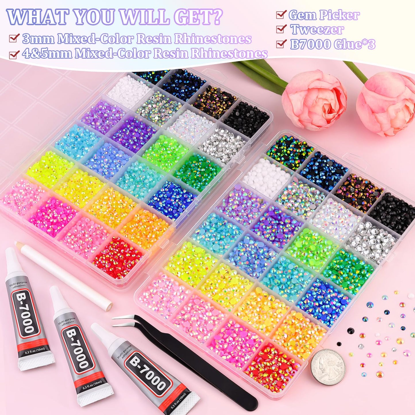 2 Boxes Resin Rhinestones with Tweezers for Crafting, 30000Pcs Mixed-Color 3/4/5mm Bedazzling Crystal with 3Pcs 10ml B7000 Jewelry Glue for DIY Crafts Clothing Tumblers Shoes Fabric Nail Art