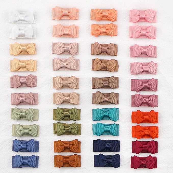 CÉLLOT 40pcs Mini 1.2" Grosgrain Ribbon Snap Clips - Tiny Fine Thin Hair Bows in Pairs for Baby Girls, Toddlers, and Infants