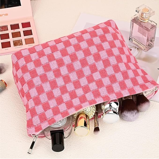 Cosmetic Bags for Women - Corduroy Cosmetic Bag Aesthetic Women Handbags Purses Smile Dots Makeup Organizer Storage Makeup Bag Girls Case Bags (Q-Checkered orange)