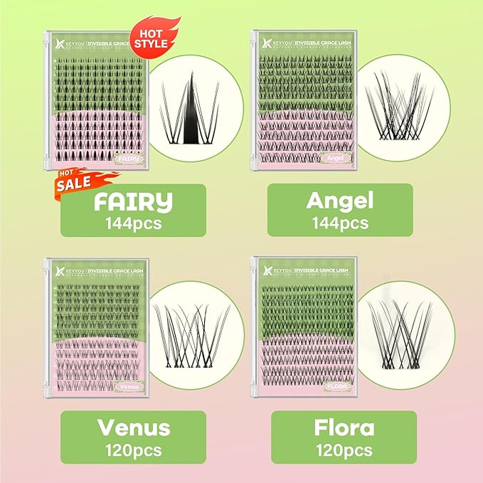 KEYYOU Fairy Angel Lash Clusters Manga Lash Extension C Curl 144Pcs Eyelash Extension Wispy Natural Invisible Band Lash with Waterproof DIY Lash Extension at Home(Angel-C-8-18MIX)