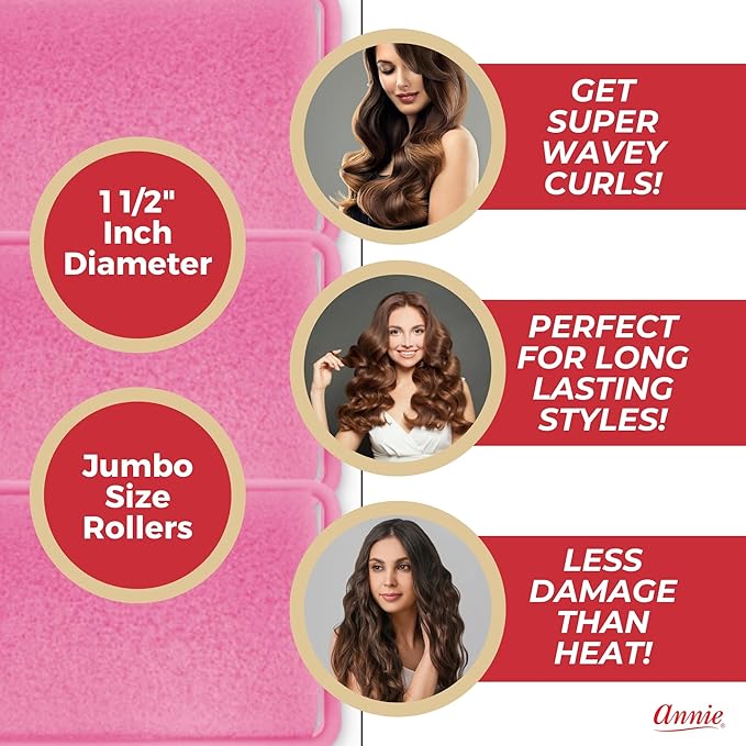 Annie Foam Hair Rollers Jumbo, 6 Count Pink Soft Sponge Curlers for Heatless Curls & Waves, No Pins or Clips Needed, For Wet or Dry Hair, Comfortable Overnight Set