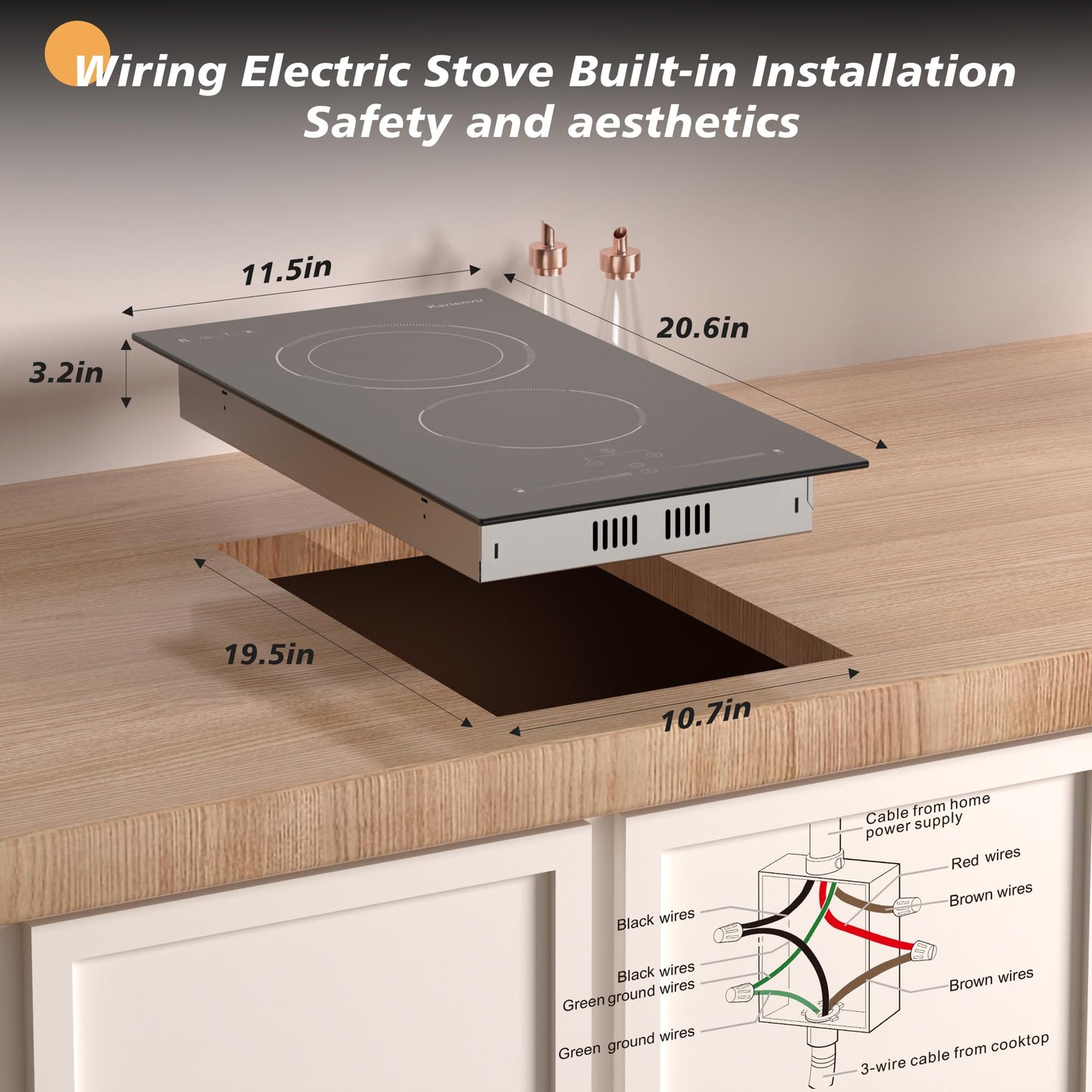 Karienvir 2 Burner Electric Cooktop 220V-240V, 12 Inch Electric Stove Built-in, 9 Power Levels Sliding Control, Electric Cooktop with Timer, Safety Lock, Extended Zone, 3200W, Hard Wire(No Plug)