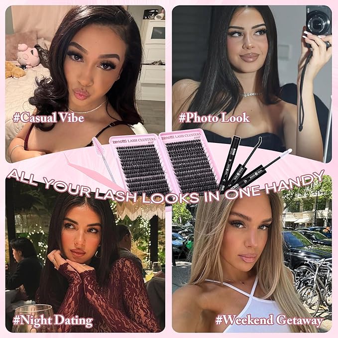 Lash Clusters Kit Fluffy 80D 100D Eyelash Clusters Kit 544PCS Wispy Cluster Eyelash Extensions D Curly Individual Lashes 8-16mm Soft Band DIY at Home with Lash Bond&Seal Tweezers Brush by zenotti