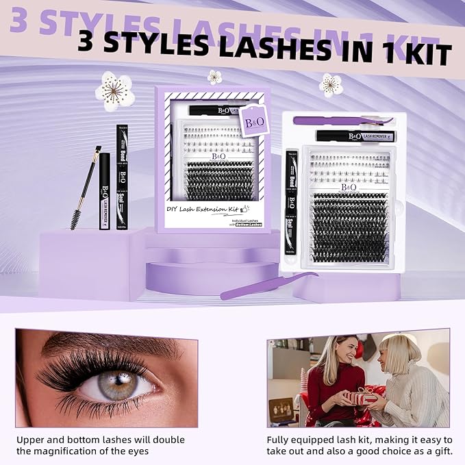B&Qaugen Eyelash Extension Kit with Bottom Lash Extension 10-18mm 50D D Curl Lash Clusters Kit with Bottom Lashes DIY Lash Extension Kit Bond and Seal Lash Applicator (Kit-50D-D-MIX10-18)