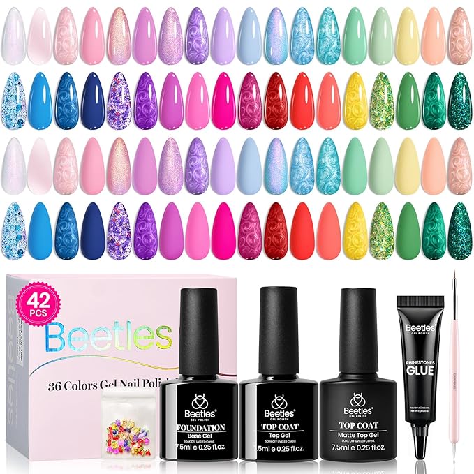 Beetles 36 Colors Gel Nail Polish Set, 42pcs UV Gel Nail Polish Colors Blue Pink Purple Orange Polish Shimmer Glitter Woodland Fairy Collection with Nail Art Rhinestone Spring Gifts for Women Girls