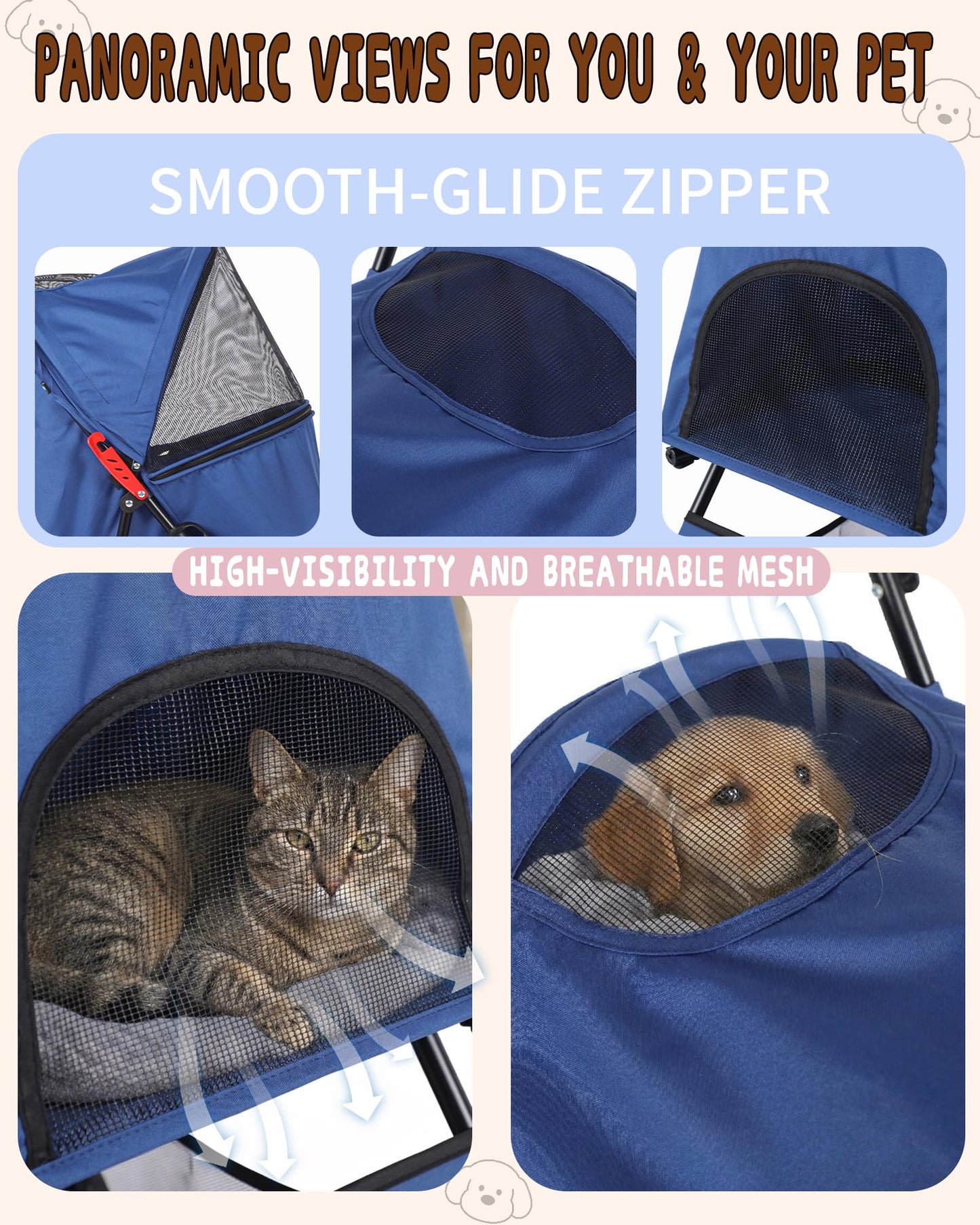 Pet Stroller for Small Medium Dogs Cats - Lightweight 10lbs Foldable Dog Stroller, Breathable Mesh & Safety Tether, 33lbs Capacity with Locking Wheels, Storage Basket for Outdoor Walks-Blue