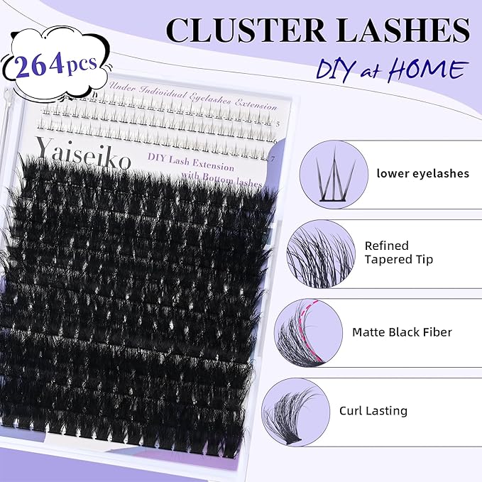 Lash Clusters with Bottom Lashes Thick 200D Volume Individual Lashes 12-25mm Wispy Eyelash Clusters D Curl Cluster Eyelash Extensions 264pcs DIY Lash Extension for Beginners