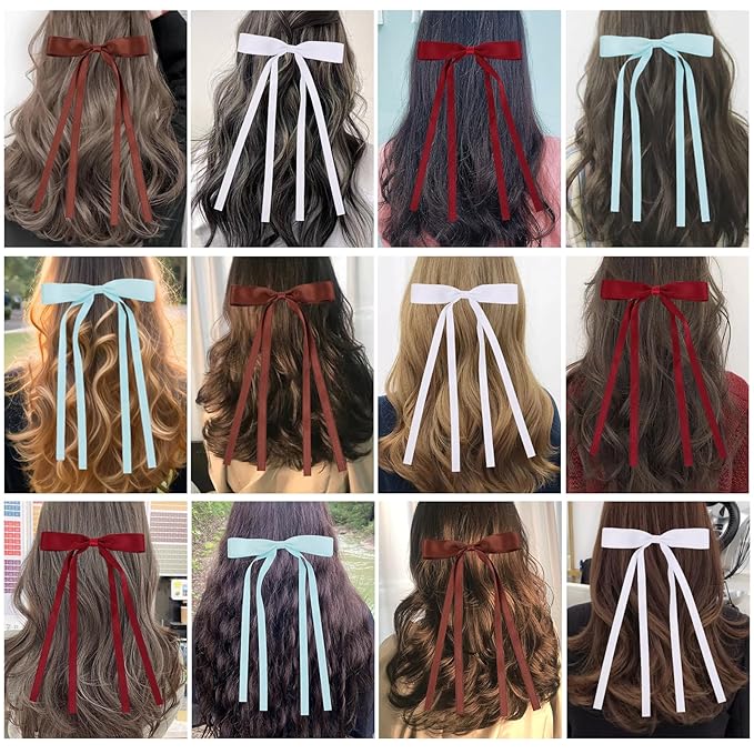 Hair Bows Clips Coquette Ribbon Bowknot with Long Tail Princess Hair Bows French Barrettes Hair Accessories for Women Girls 16PCS (Wine Red, White, Aquamarine, Brown)