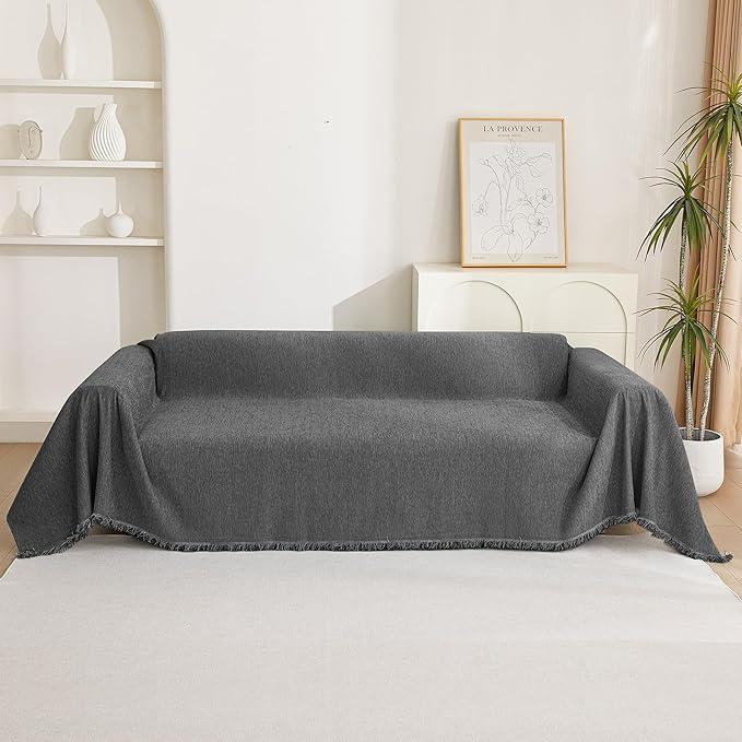 MYSKY HOME Boho Couch Cover Charcoal Gray Sofa Covers with Tassel Farmhouse Sofa Slipcover Simple Couch Protector for Dogs Chenille Sectional Couch Covers L Shaped Couch Cushion Covers, 91"x 134"