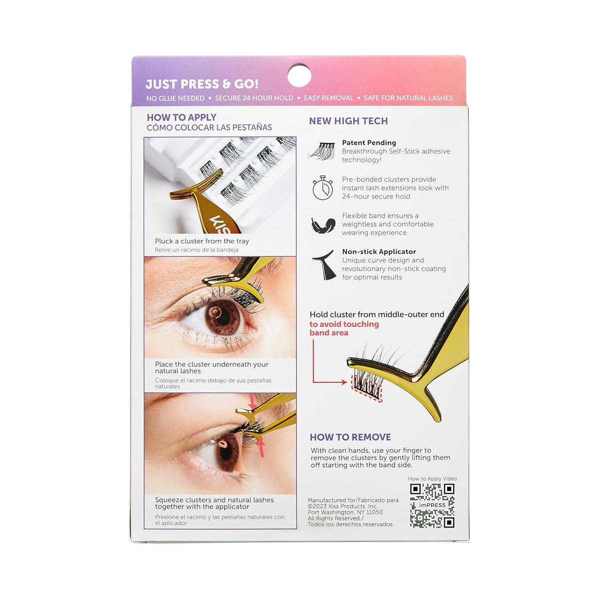 KISS imPRESS Falsies Press On Self Adhesive Eyelashes, 12mm-14mm Glam Volume Press On Lashes, Black, No Glue Needed, Invisible Band, 20 Lash Clusters & Non-Stick Applicator - Spiky