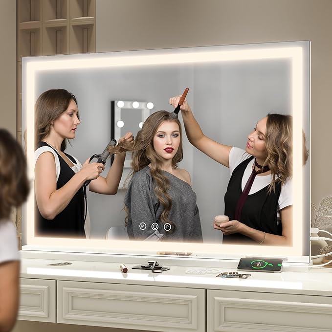 FENNIO Large Vanity Mirror with Lights，40" x 28"Makeup Mirror with Lights，Hollywood Mirror with 3 Color Modes & Adjustable Brightness，Vanity Mirror Square White