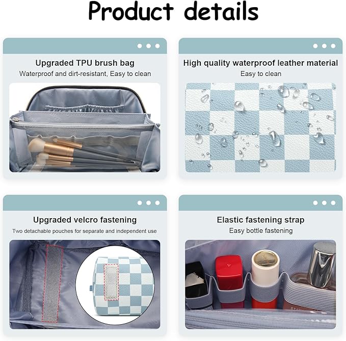 BOYATU Travel Makeup Bag Organizer Cosmetic Bag: 3 Pcs Set Make up Bags for Women with Handle - Waterproof Vegan Leather Toiletry Bag (01-G-Blue)