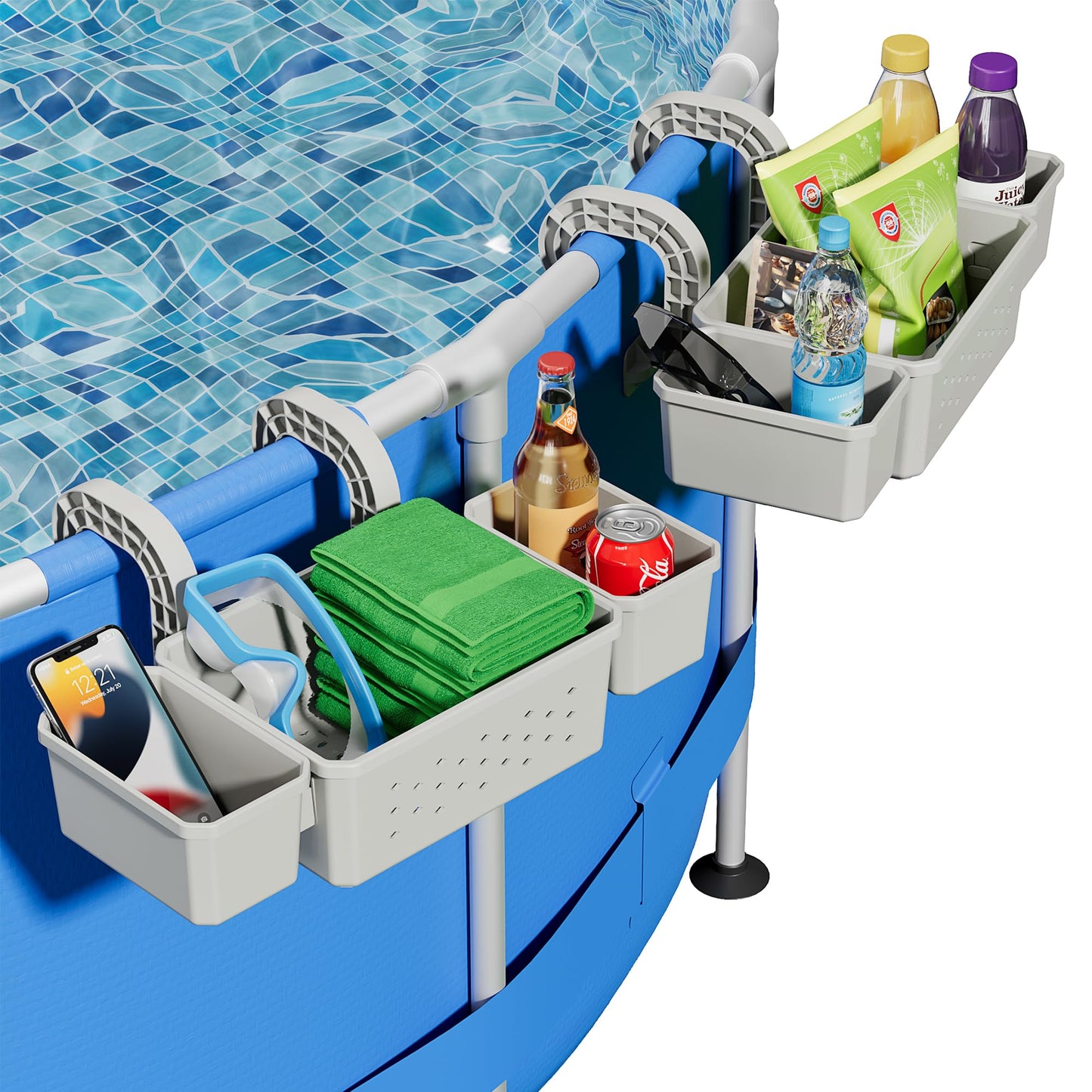 Kompoll [Patented] Poolside Storage for Above Ground Pool Accessories, Thickened Plastic Pool Basket with 2 Pool Cup Holder, Multifunctional Poolside Holder Fits for Most Frame Pools (2 Pack)