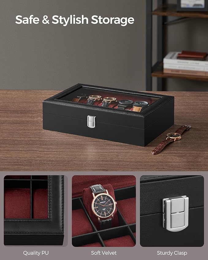 SONGMICS Watch Box, 12-Slot Watch Case Organizer with Large Glass Lid, Removable Pillows, Gift for Loved Ones, Black Synthetic Leather, Wine Red Lining UJWB120R01