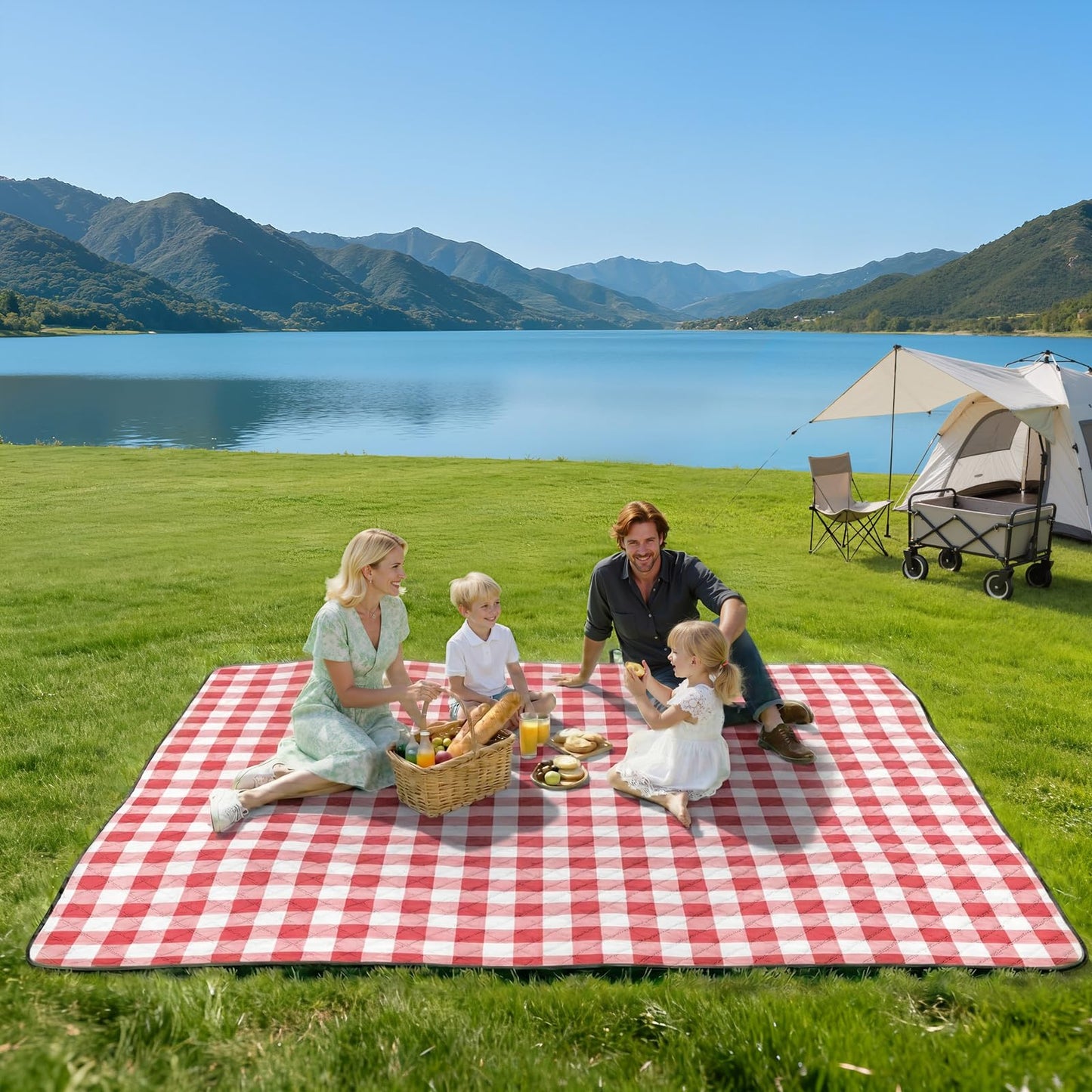 TigeJoy Extra Large Picnic Blanket Waterproof Foldable 60''x80'', Outdoor Picnic Mat Beach Blanket Sandproof for Park, Grass, Travel, Hiking, Camping Essentials, Gingham Picnic Blanket