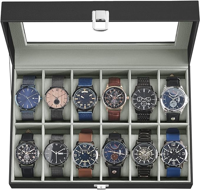 SONGMICS Watch Box, 12-Slot Watch Case Organizer with Large Glass Lid, Removable Pillows, Gift for Loved Ones, Black Synthetic Leather, Gray Lining UJWB12BK