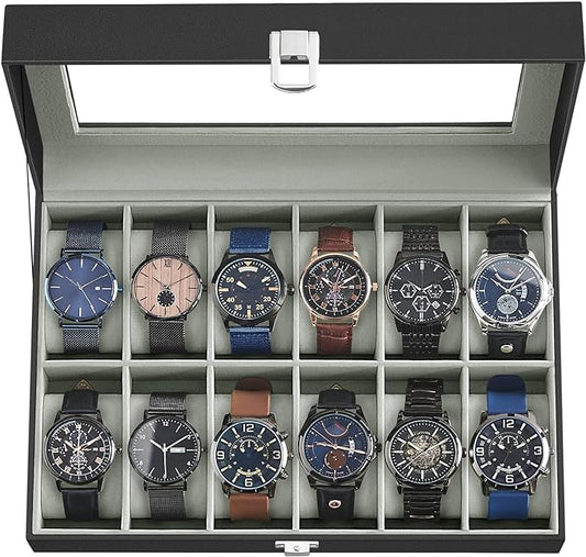 SONGMICS Watch Box, 12-Slot Watch Case Organizer with Large Glass Lid, Removable Pillows, Gift for Loved Ones, Black Synthetic Leather, Gray Lining UJWB12BK