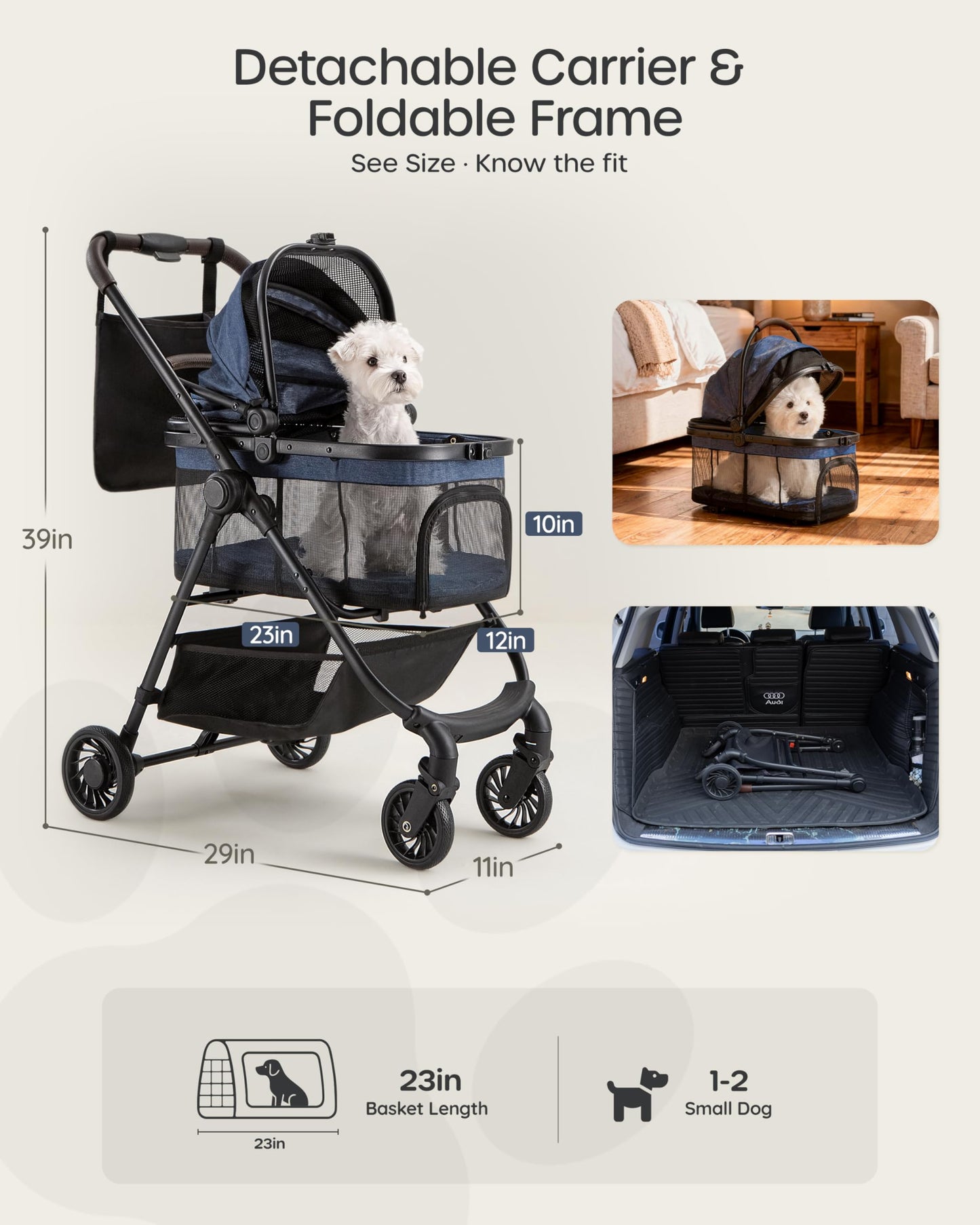 OJCME 3 in 1 Pet Carrier Stroller with Detachable Carrier, Foldable Dog & Cat Stroller for Small/Medium Dogs up to 33 lbs, Large Storage Bag, Full Window Mesh, One-Touch Dual Brake, Car Seat