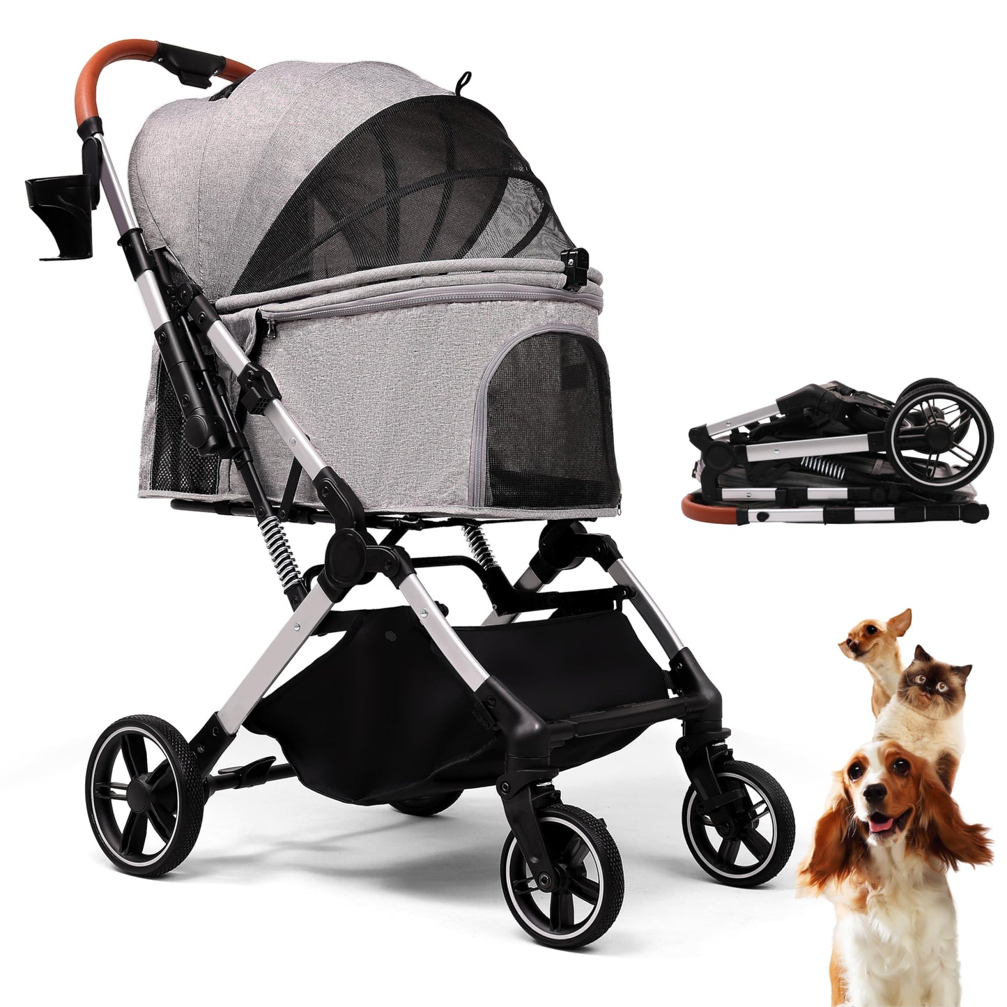 Bicystar Pet Stroller for Small Medium Dogs Cats Up to 45 lbs, Travel Lite Collapsible, All Terrain 4 Wheels for Jogging, Running, Grey