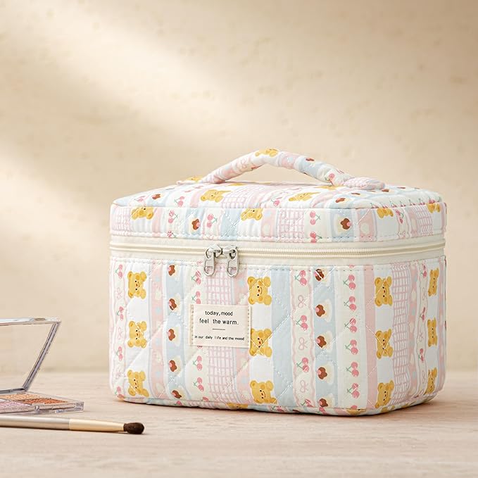 HBselect Quilted Makeup Bag, 3PCS Cotton Large Travel Makeup Bag, Cute Floral Coquette Make up Bag Cosmetic Bag Toiletry Bag for Women Girls