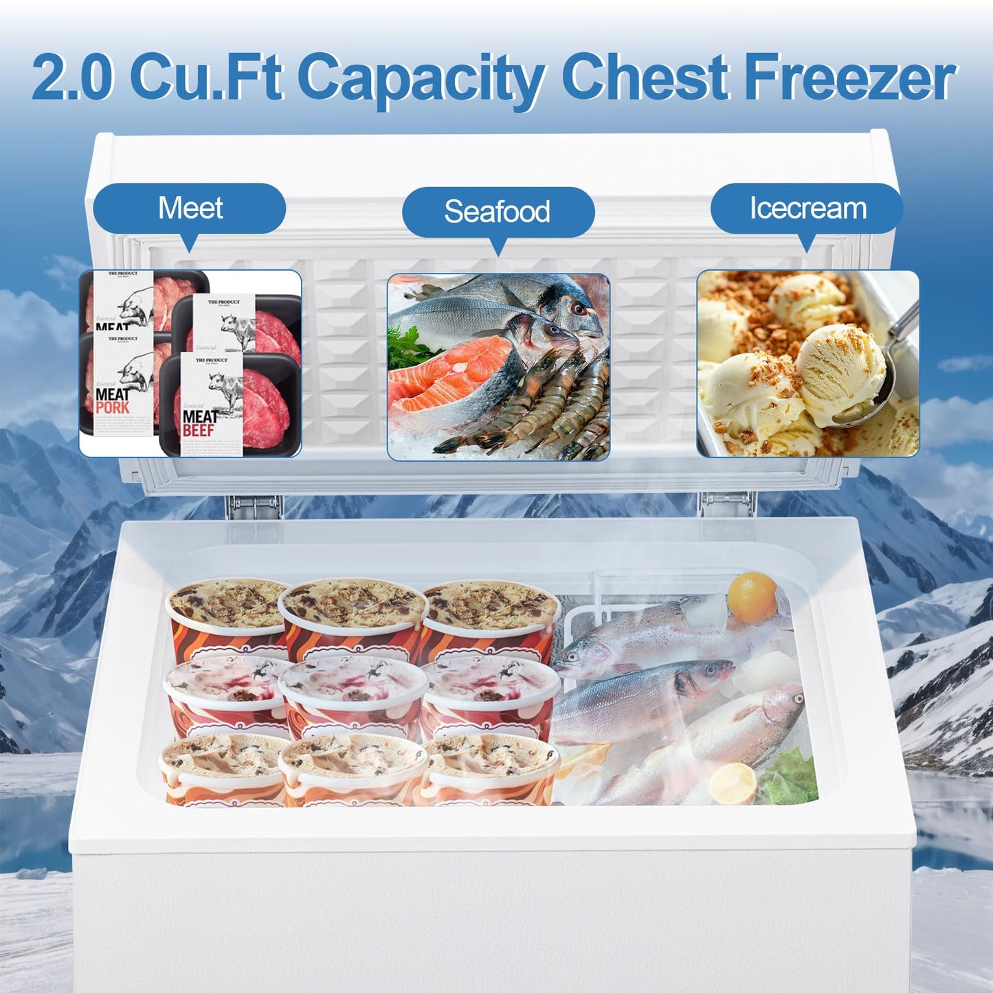 Erivess 2.0 Cu.Ft Chest Freezer - Compact Deep Freezer with Removable Basket, Energy Efficient & Quiet Top Door Design, Mini Freezer Adjustable 7 Thermostat, for Home, Apartment, Garage, Dorm (White)