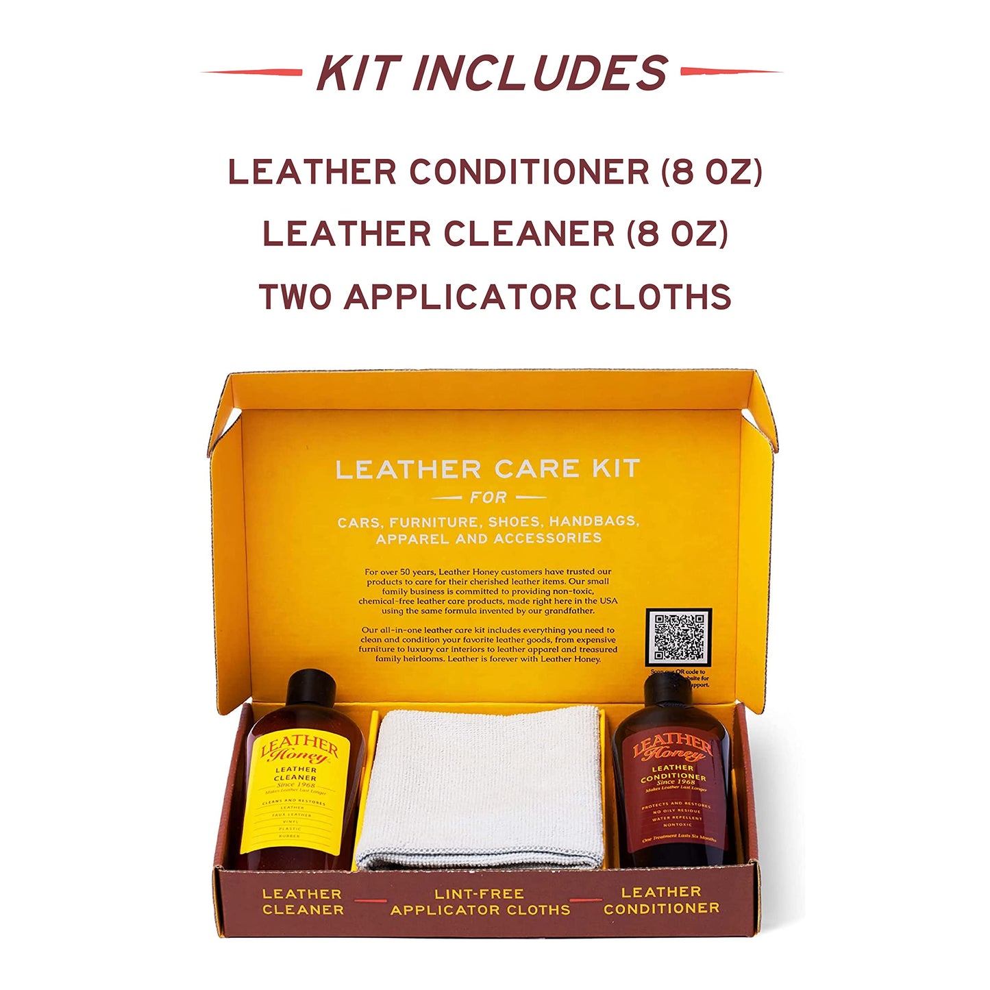 Leather Honey Complete Leather Care Kit: Cleaner, Conditioner, 2 Cloths. Non-Toxic Leather Care Made in the USA Since 1968. Restore Couches, Car Seats & Interior, Jackets, Shoes & Bags. for Any Color