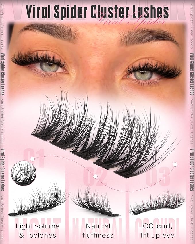 Goddvenus Spider Lash Clusters Wispy Eyelash Clusters Fluffy Lashes Clusters CC Curl Cluster Eyelash Extensions Light Volume Cluster Lashes 12-16mm Eyelashes Clusters for DIY Lash Extension