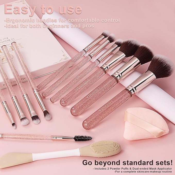 Pink Makeup Brushes Set 14 Pcs Professional, Synthetic Foundation Concealer Powder Blush Eyeshadow Brushes with 2 Powder Puffs & Dual-ended Mask Applicator, Gifts for Women Teen Girls