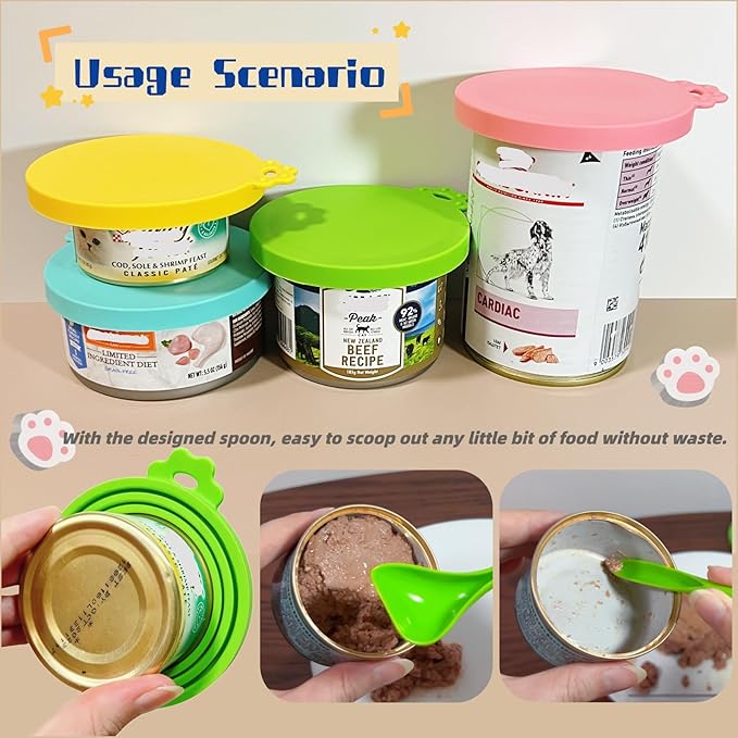 MoPawKT- Silicone Pet Food Can Covers Lids, 3 Inner Diameters 2.6”/3”/3.4” Fit for 3-15 oz Standard Cat & Dog Food Cans/Tins, Multi-Size Canned Food Covers, BPA Free, Reusable (Blue+Green, 1 spoon)