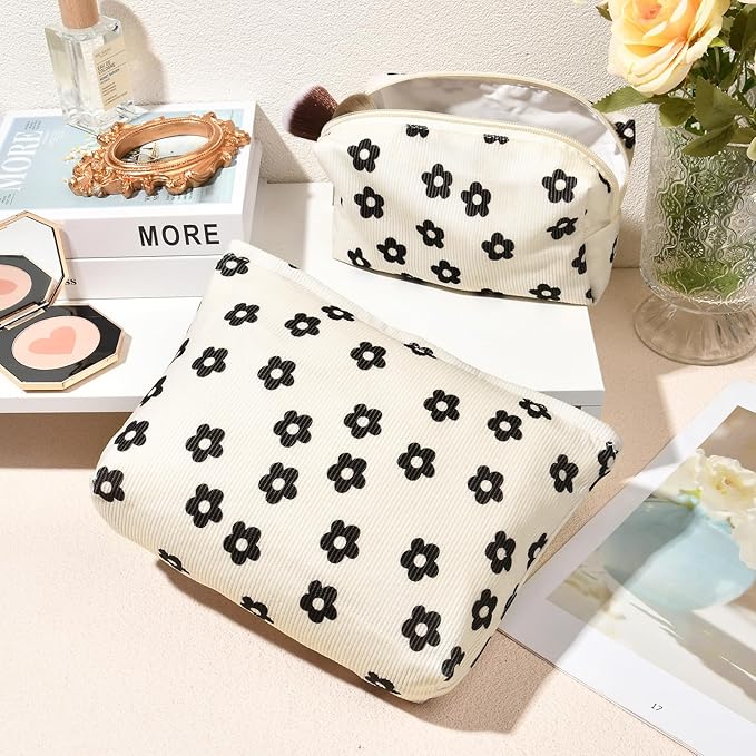 SOIDRAM 2 Pcs Makeup Bag Large Cosmetic Bag Toiletry Bag Makeup Pouch Travel Bag Organizer Cute Makeup Brushes Aesthetic Accessories Storage Bag for Women Black Floral Corduroy