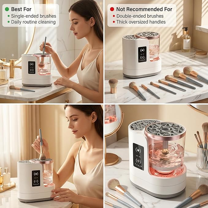 3-in-1 Electric Makeup Brush Cleaner with Air Drying Fan, Automatic Wash & Rinse, USB Powered, Designed for Single-Ended Brushes