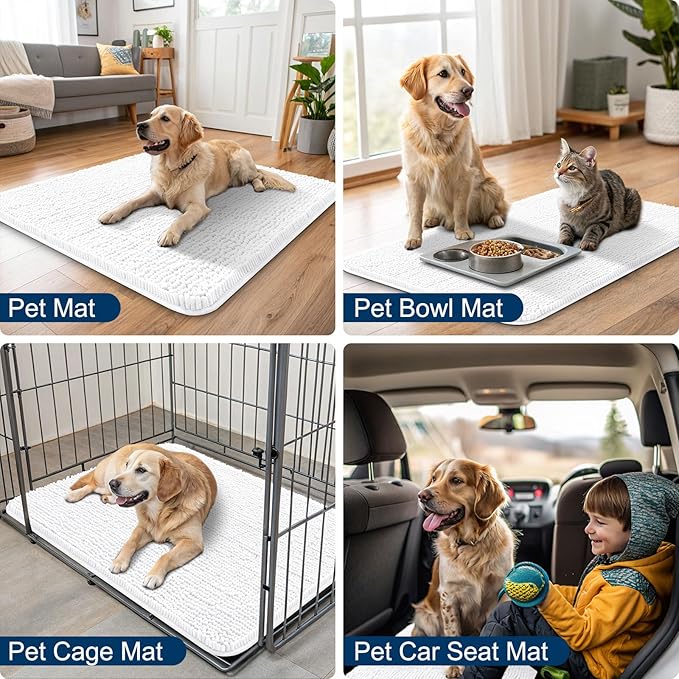 Smiry Dog Door Mat for Muddy Paws 30x20, Absorbs Moisture and Dirt Doormat, Non-Slip Washable Quick Dry Chenille Front Door Mat Indoor Entrance, Entryway Carpet for Inside Floor, White