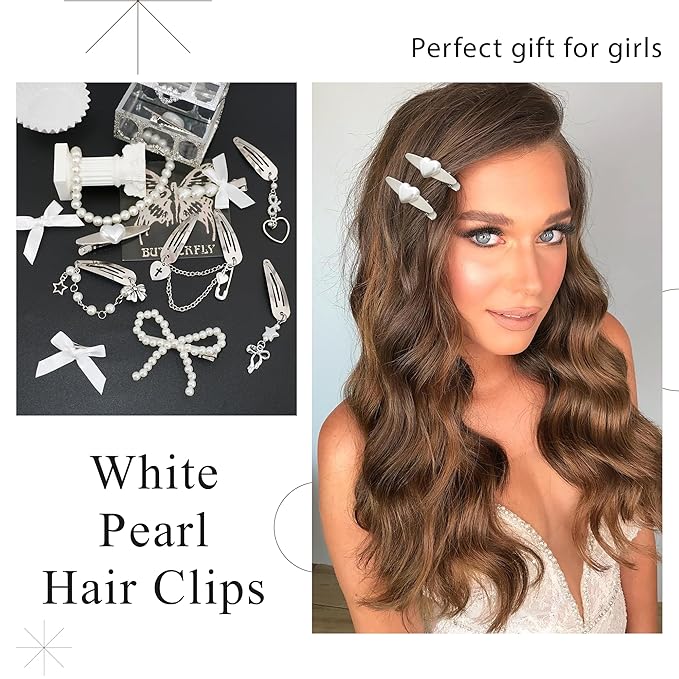 10PCS Y2K Hair Accessories Elegant Pearl Heart Hair Clips Satin White Small Hair Bows Metal Dangle Bowknot Barrettes for Hair