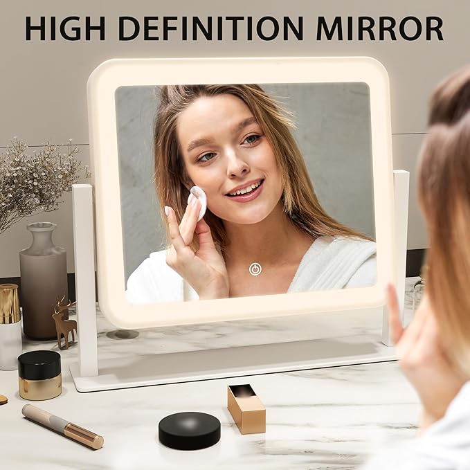 ROLOVE 14"x12"Vanity Mirror, Lighted Makeup Mirror for Vanity Desk, Smart Touch Control, 360° Rotation, 3-Color Modes, Gifts for Women, Bedroom, White