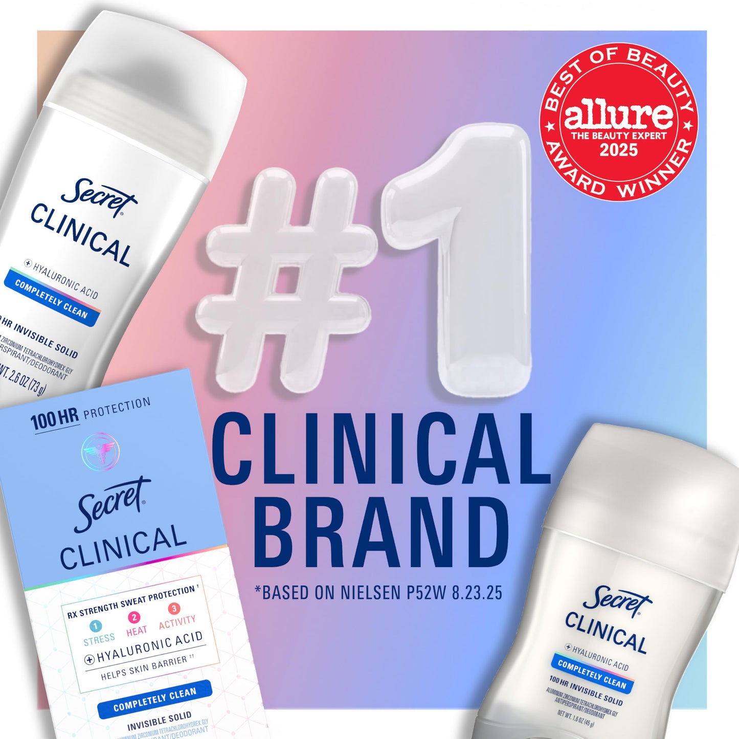 Secret Clinical Strength Antiperspirant Deodorant for Women, 100hr Sweat & Odor Protection, 3X Stress Protection with Hyaluronic Acid, Invisible Solid, Powder Protection Scent, 2.6 oz (Pack of 2)