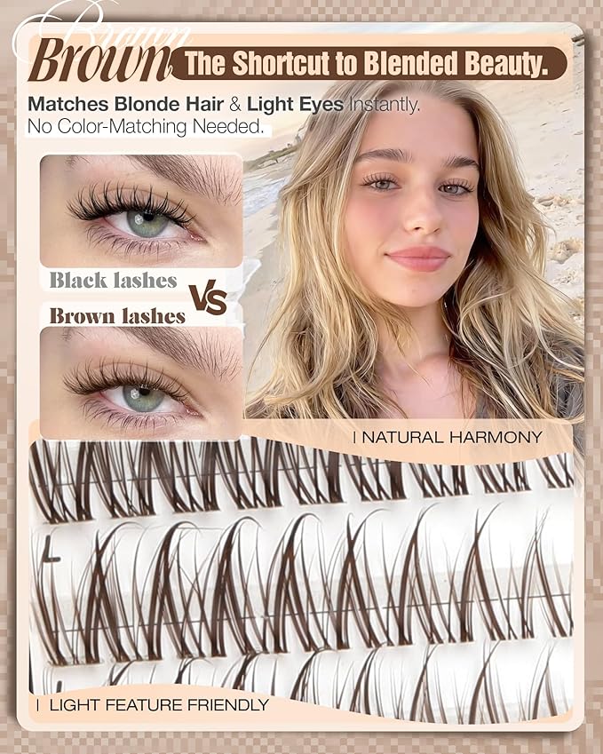 Cat Eye Brown Lash Clusters 8-12MM Natural Eyelash Clusters Pre-Mapped Fairy Cluster Eyelash Extensions Beginner-Friendly Wispy Cluster Lashes CC-Curly Clear Band Individual Lashes Short Extensions