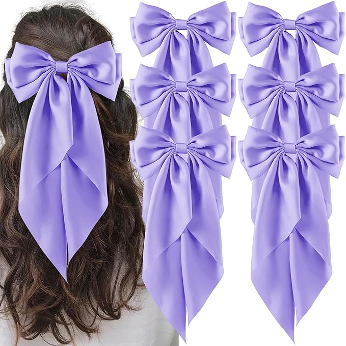 6Pcs Large Bows Hair Clips for Women Girls Long Tail Hair Ribbon Silky Satin Barrettes Coquette Hair Bows Accessories(Purple)
