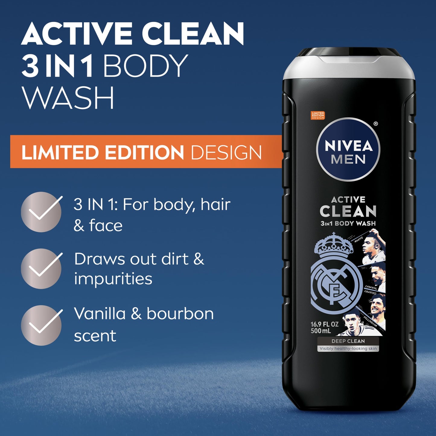 NIVEA MEN Real Madrid Limited Edition Design Active Clean Body Wash with Natural Charcoal for Normal to Oily Skin, 3-in-1 Charcoal Body Wash, Face and Hair, 16.9 Fl Oz Bottle, Pack of 3