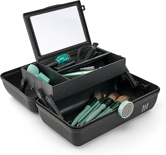 Caboodles On-The-Go Girl Makeup Box, Black Sparkle, Show Girl Collection, Hard Plastic Makeup Organizer Box, Built-In Mirror, Secure Latch for Safe Travel, Spacious Storage for Large Items