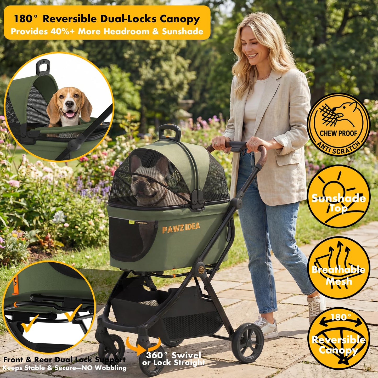 PAWZIDEA Pet Stroller 4 in 1, Foldable Cat Stroller with Detachable Carrier for Small Medium Dogs & Cats, Escape-Proof No-Zip Canopy, Lightweight Portable Travel Crate & Car Seat Combo, Storage Basket