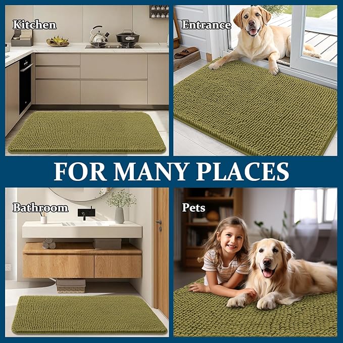 OLANLY Dog Door Mat for Muddy Paws 34x21, Absorbs Moisture and Dirt, Absorbent Non-Slip Washable Doormat, Quick Dry Chenille Mud Mat, Entry Indoor Entryway Carpet for Inside Floor, Willow Green