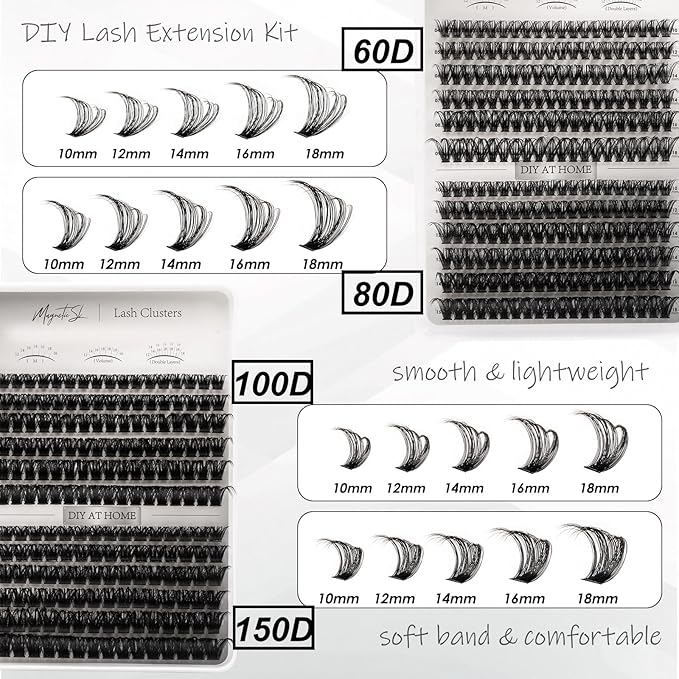 Lash Clusters 564pcs Eyelashes Clusters Extensions Kit 11-20mm DIY Cluster Eyelash Extensions Lash Clusters Kit With Lash Bond and Seal Lash Tweezers-Spiky+60D+80D+100D+150D
