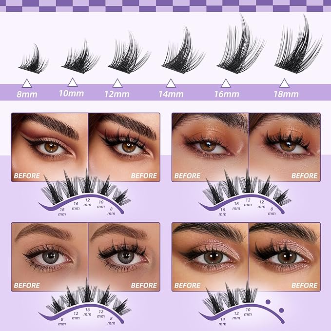 B&Q Manga Lash Clusters Kit DIY Eyelash Clusters at Home with 72H Waterproof Bond and Seal 0.05mm Ultra-Thin Band Wispy Spiky Anime Lashes for Daily & Party, 8-18mm Lash Extensions(KIT-Anime 01)